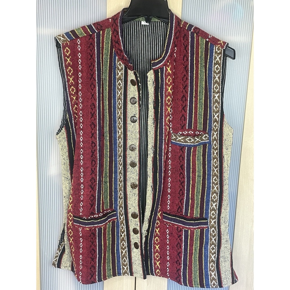 Mens Red Vest Patch Hippie Boho Festival Nepal Handmade Ethnic colorful Sz L